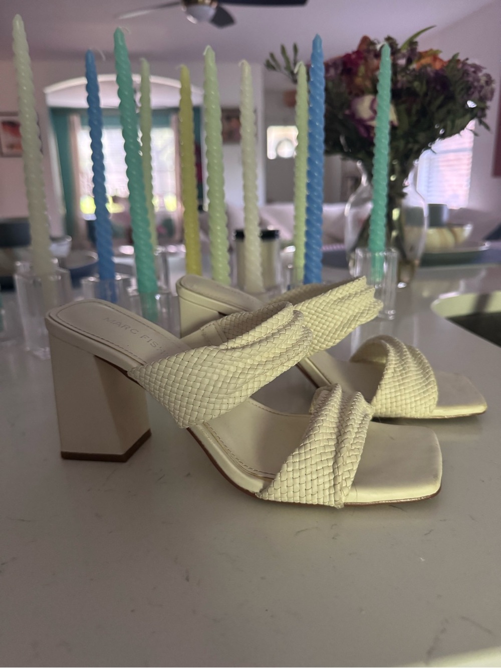 Marc Fisher Cream Braided Block Heel Mules